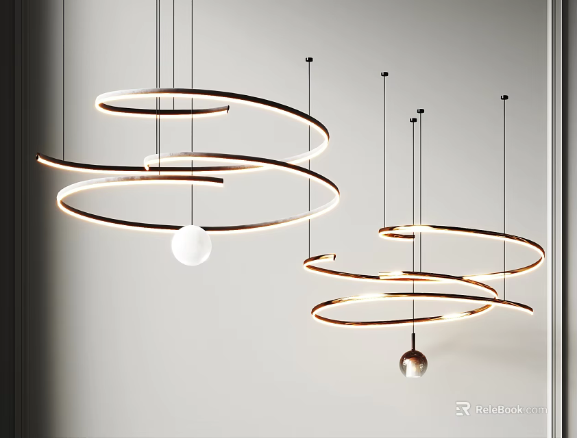 Modern Hanging Chandelier Featuring Circular Rings And Decorative Bulbs In Interior 3d model 