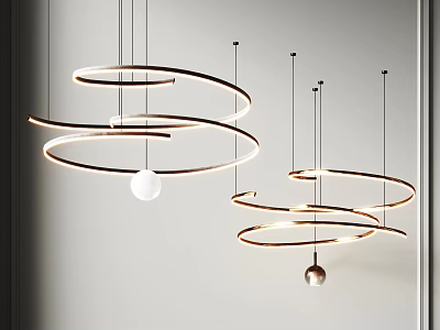Modern Hanging Chandelier Featuring Circular Rings And Decorative Bulbs In Interior 3d model
