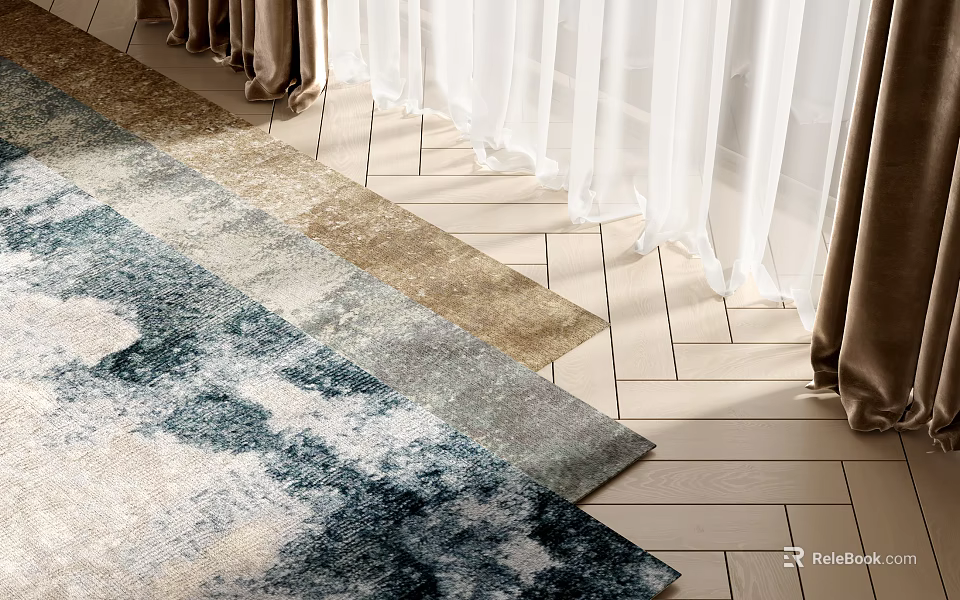 Color Gradient Square Rugs on Wooden Floor by Curtains 3d model 
