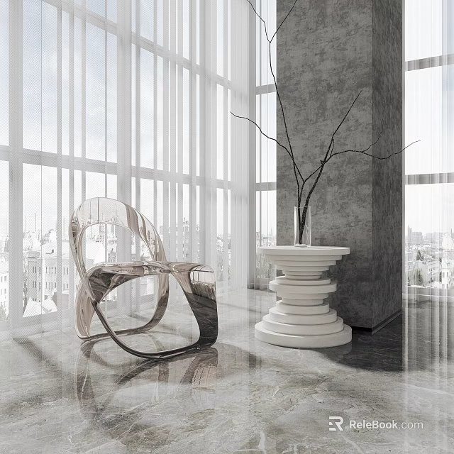 Modern Metallic Single Chair In Bright Interior With Pedestal Table And City View 3d model 