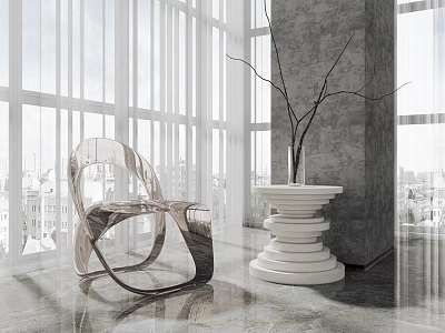 Modern Metallic Single Chair In Bright Interior With Pedestal Table And City View 3d model