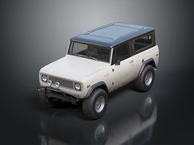 Vintage Off Road Vehicle Featuring White Body Blue Roof Large Tires And Rugged Design 3d model