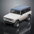 Vintage Off Road Vehicle Featuring White Body Blue Roof Large Tires And Rugged Design