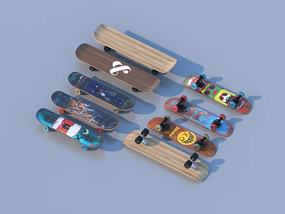 Skateboards As Sports Equipment With Various Designs Colorful Graphics And Wooden Decks 3d model