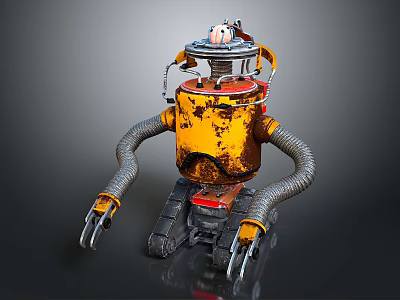 Rusty Yellow Red Robot Character With Mechanical Arms And Tracked Base 3d model