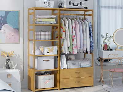 Organized Wooden Wardrobe With Hanging Clothes Storage Boxes Drawers And Shelves 3d model