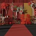 Traditional Chinese Wedding Decor With Red Carpet Double Happiness Character And Floral Arrangements