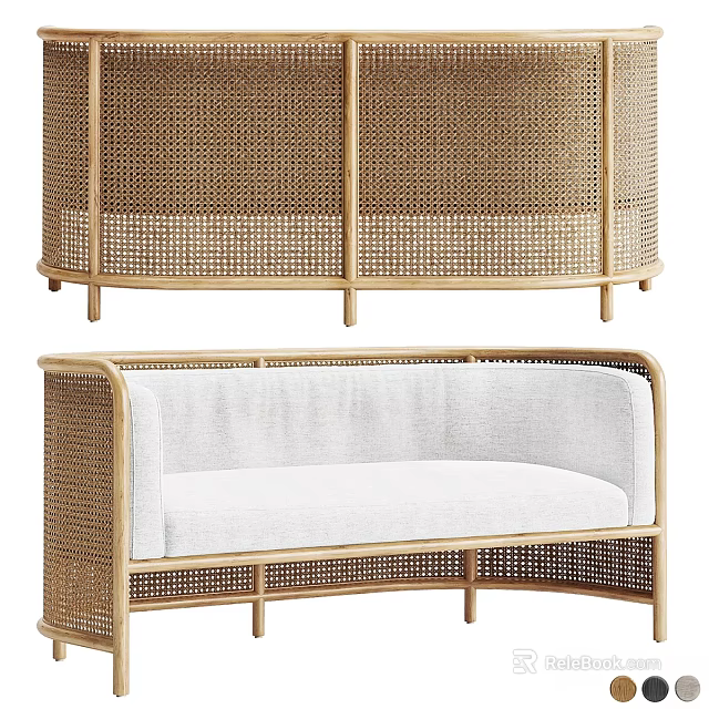 Modern Rattan Sofa Set With Beige Cushions And Woven Wooden Frame Design 3d model 
