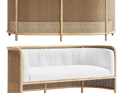 Modern Rattan Sofa Set With Beige Cushions And Woven Wooden Frame Design 3d model