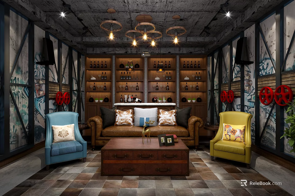 Vintage Industrial Chandelier in Cozy Living Room with Colorful Sofas and Wooden Shelves 3d model 