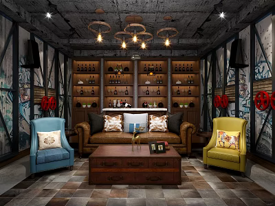 Vintage Industrial Chandelier in Cozy Living Room with Colorful Sofas and Wooden Shelves 3d model