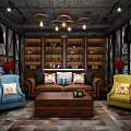 Vintage Industrial Chandelier in Cozy Living Room with Colorful Sofas and Wooden Shelves