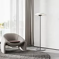 Modern Leisure Chair With White Frame Dark Brown Cushion Near Floor Lamp By Window Trees