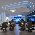 Futuristic Tech Exhibition Hall Interior With Blue Lighting Digital Screens And Interactive Displays