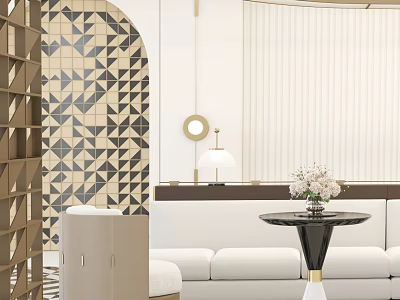 Hotel Public Lounge Area With Geometric Patterned Wall Beige Sofa Round Lamp And White Flowers 3d model