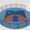 Circular Fenced Basketball Court With Blue And Red Surface Where People Are Playing Basketball
