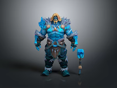 Muscular Blue Skinned Fantasy Man In Ice Themed Armor Holding Hammer 3d model