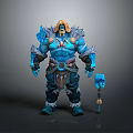 Muscular Blue Skinned Fantasy Man In Ice Themed Armor Holding Hammer