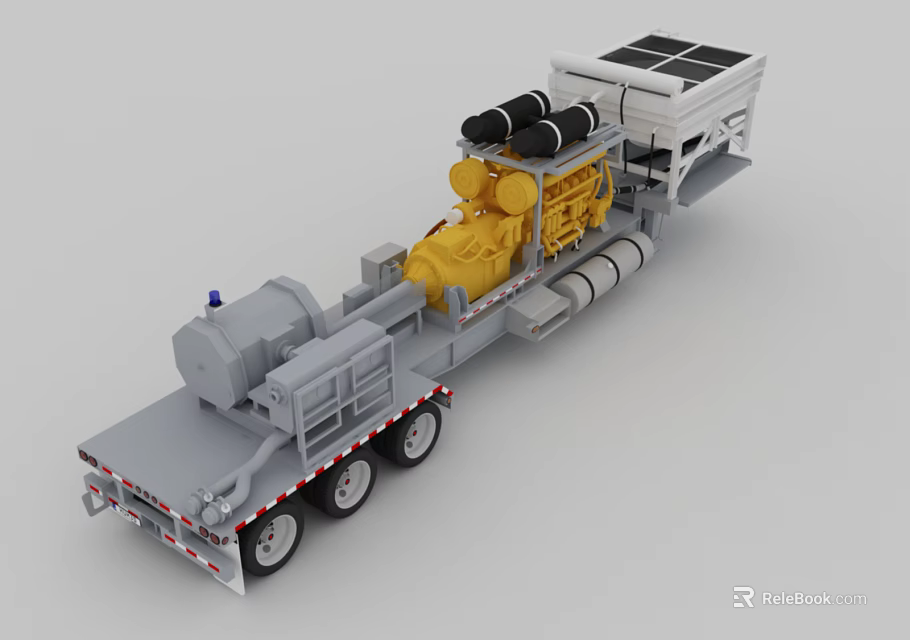 Heavy Duty Engineering Trailer Featuring Yellow Engine Black Cylindrical Components Solar Panels And Gray Base 3d model 