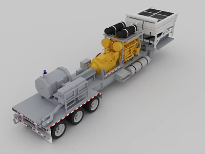 Heavy Duty Engineering Trailer Featuring Yellow Engine Black Cylindrical Components Solar Panels And Gray Base 3d model