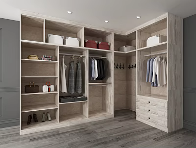 Modern Built in Wooden Wardrobe With Hanging Sections Storage Boxes Shoes And Drawers 3d model