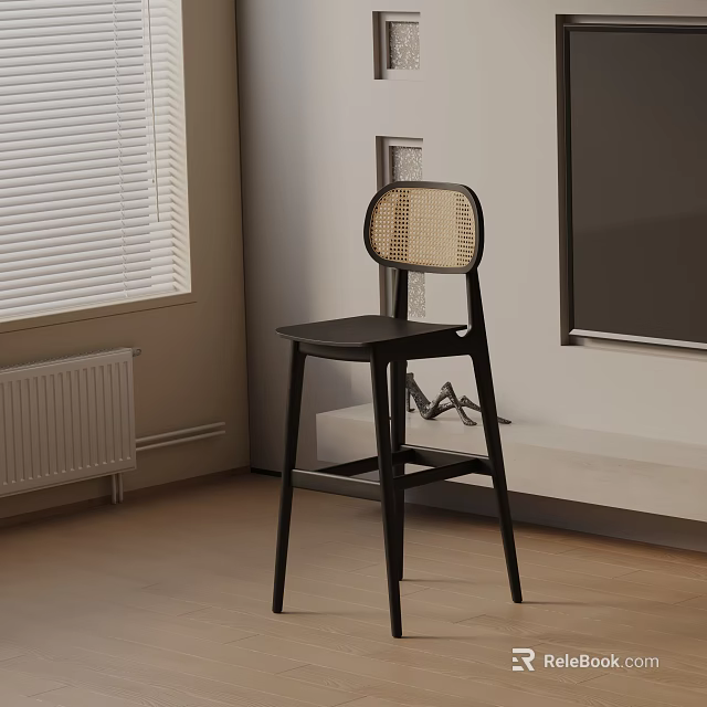 Modern Black Bar Stool with Woven Backrest and Sleek Design in Interior Space 3d model 