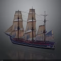 Vintage Sailing Ship With Multiple Masts Large Sails Blue And Purple Hull And Reflection