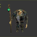 Old Man Character With Long White Beard Holding Staff With Green Gem And Backpack