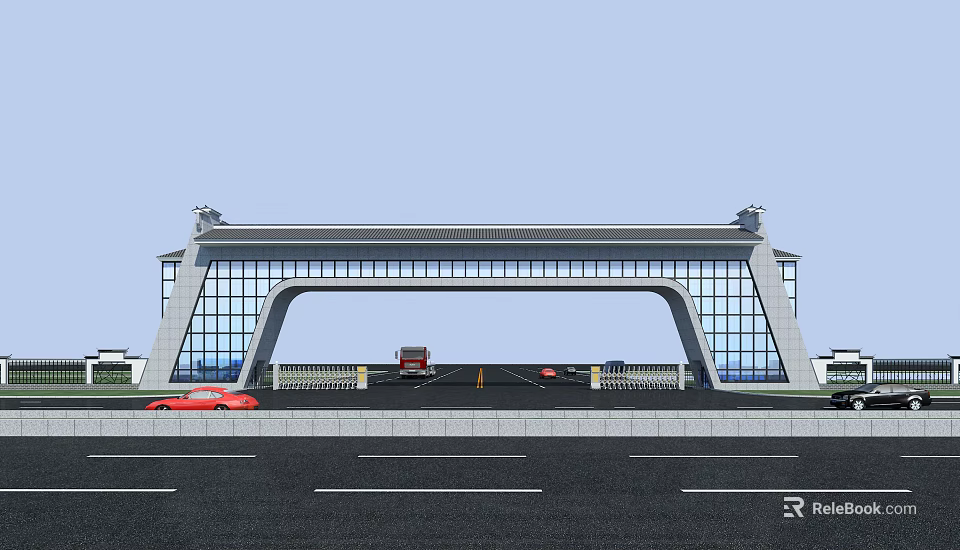 Modern Building Facade With Glass Curtain Wall And Arch Entrance Front Vehicles 3d model 