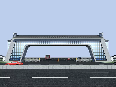 Modern Building Facade With Glass Curtain Wall And Arch Entrance Front Vehicles 3d model