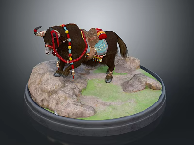 Decorative Yak Model With Colorful Beads Saddle On Rock Grass Base 3d model