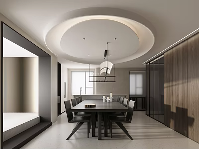 Modern Restaurant Interior With Circular Ceiling Pendant Light Wooden Dining Table And Black Chairs 3d model