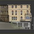 Cartoon Style Yellow Multistory Building Scene With Windows Arched Doors Street Lamp On Gray Platform
