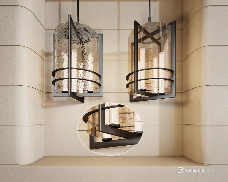 Modern Interior With Pendant Lights Featuring Textured Glass Black Metal Frames And Layered Wall Design 3d model 