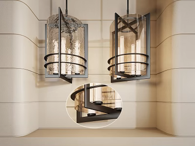 Modern Interior With Pendant Lights Featuring Textured Glass Black Metal Frames And Layered Wall Design 3d model