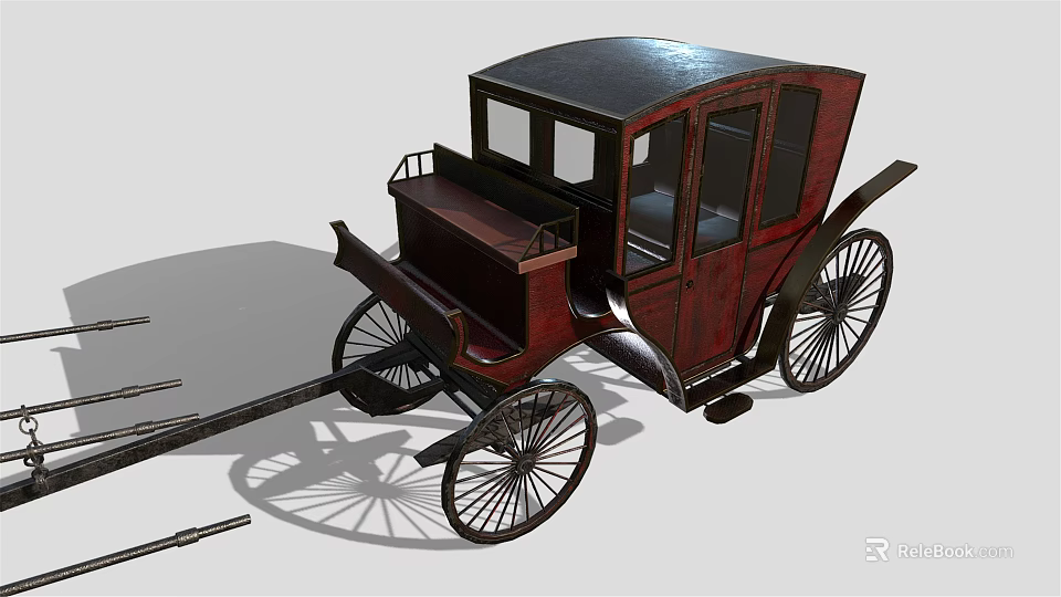 Vintage Horse Carriage With Red Body Black Roof And Wooden Wheels 3d model 