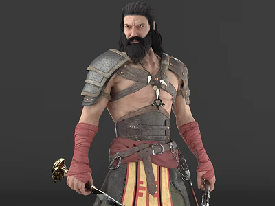 Male Medieval Warrior Model With Long Hair Beard Armor Red Arm Wraps And Sword 3d model