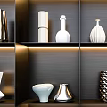 Modern Decorative Ornaments Combination On Illuminated Shelves With Vases And Candle Holders