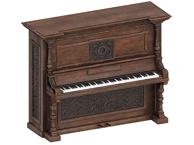 Vintage Brown Wooden Piano with Ornate Carved Details and Classic Design 3d model
