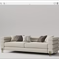 Modern Beige Two-Seater Sofa with Brown and Gray Striped Pillows and Gold Metal Legs