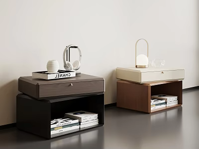 Modern Bedside Tables With Dark Light Wood Storage Shelves Drawer Lamp Headphones And Books 3d model