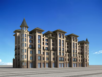 Multi Story European Residential Building With Beige Brown Exterior Pitched Roof Towers And Blue Sky 3d model