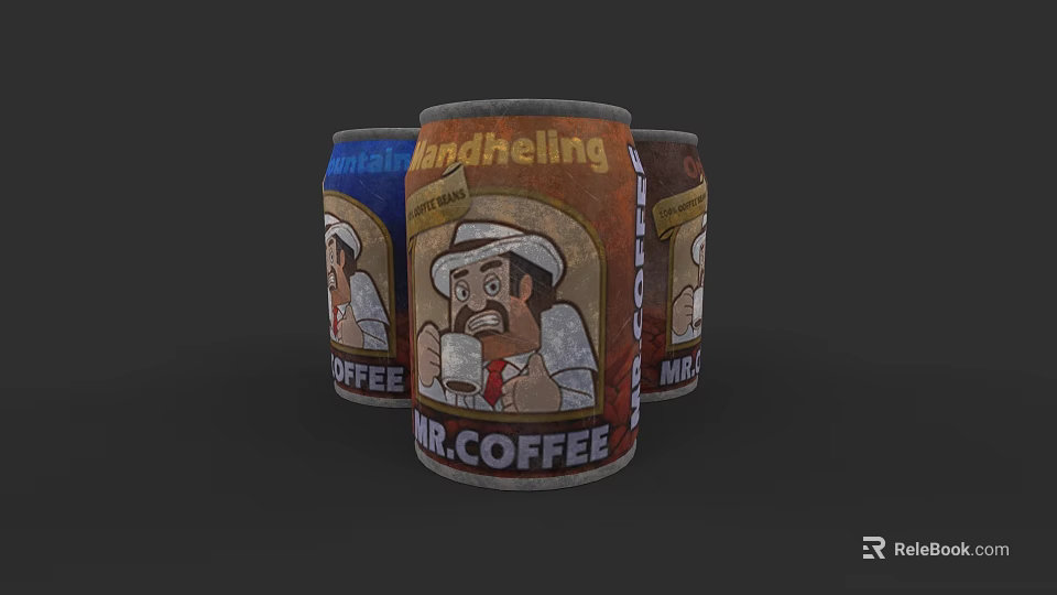 Three Colorful Mr Coffee Cans With Vintage Character Illustration And Brand Design 3d model 