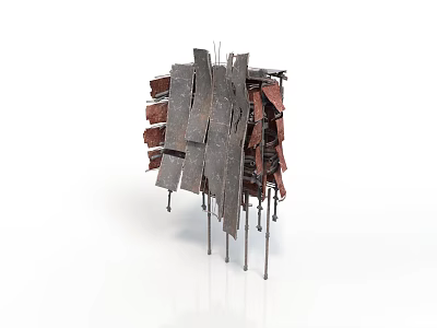 Abstract Modern Sculpture Composed Of Stacked Wooden Planks And Metal Rods 3d model