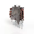 Abstract Modern Sculpture Composed Of Stacked Wooden Planks And Metal Rods