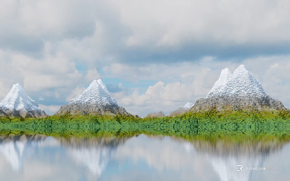Tranquil Garden Landscape Showcasing Snow Capped Peaks Lake Reflections Lush Lawn And Cloudy Sky 3d model 