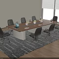 Modern Conference Table With Wooden Top Black Silver Chairs Water Bottles Vase And Gray Carpet