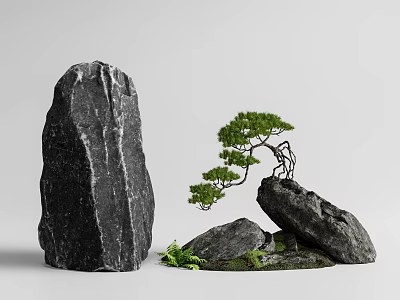 Natural Rockery Stones Arrangement With Curved Pine Tree And Fresh Ferns On Gray Background 3d model