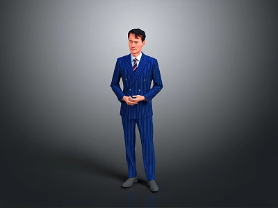 A Man In Well Fitted Blue Pinstripe Suit With Clasped Hands Standing On Gray Background 3d model