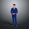 A Man In Well Fitted Blue Pinstripe Suit With Clasped Hands Standing On Gray Background